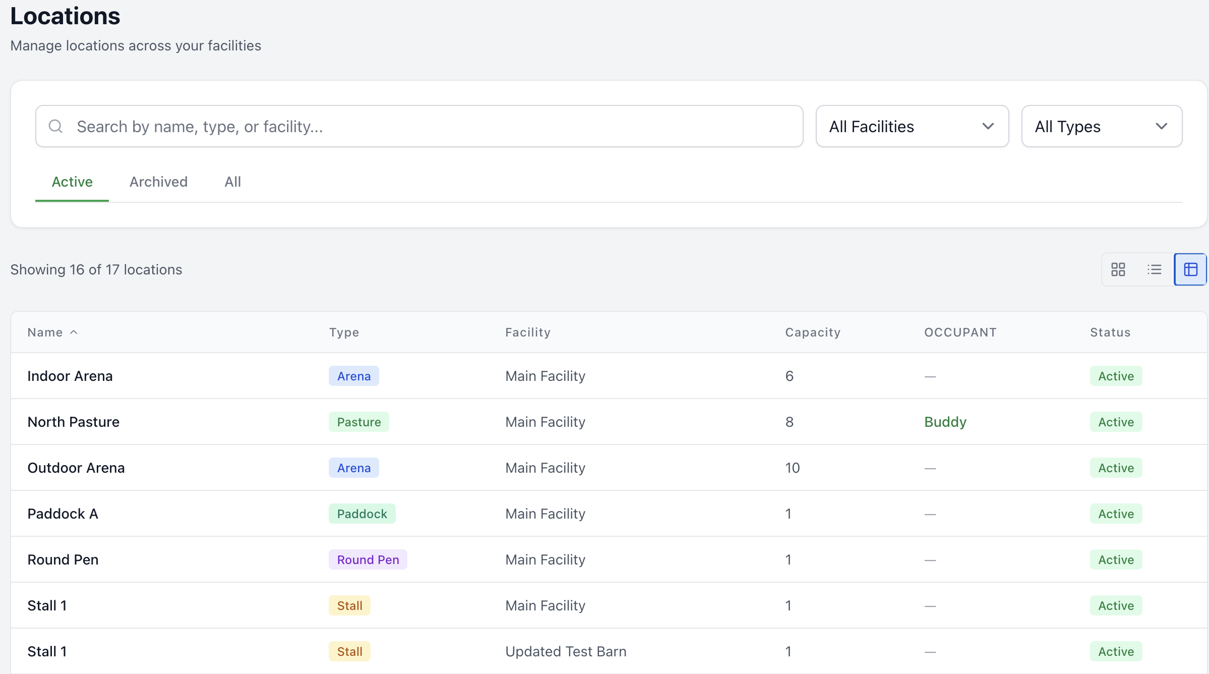 Facility map showing layout and stall assignments