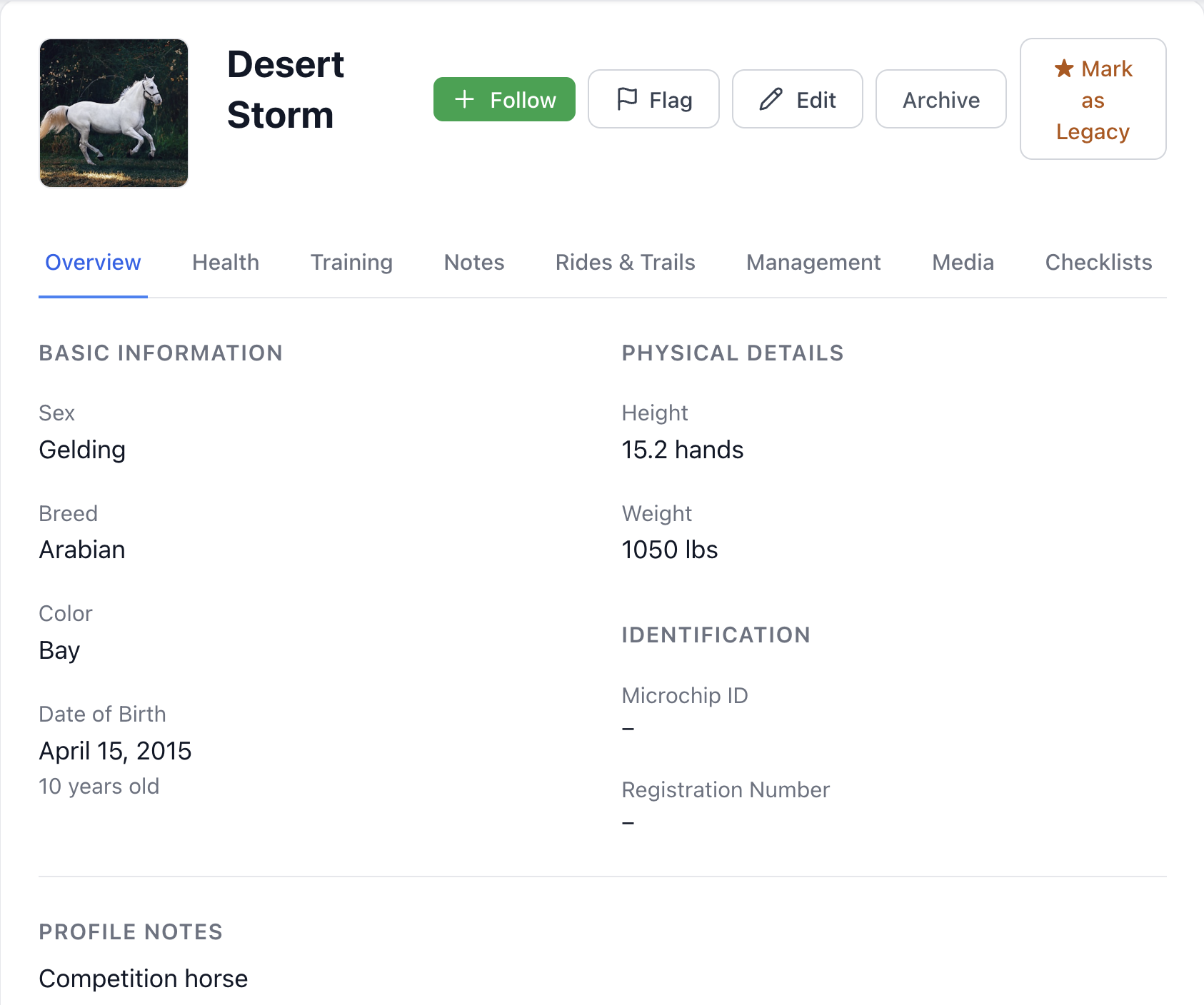 Horse management dashboard showing profile details