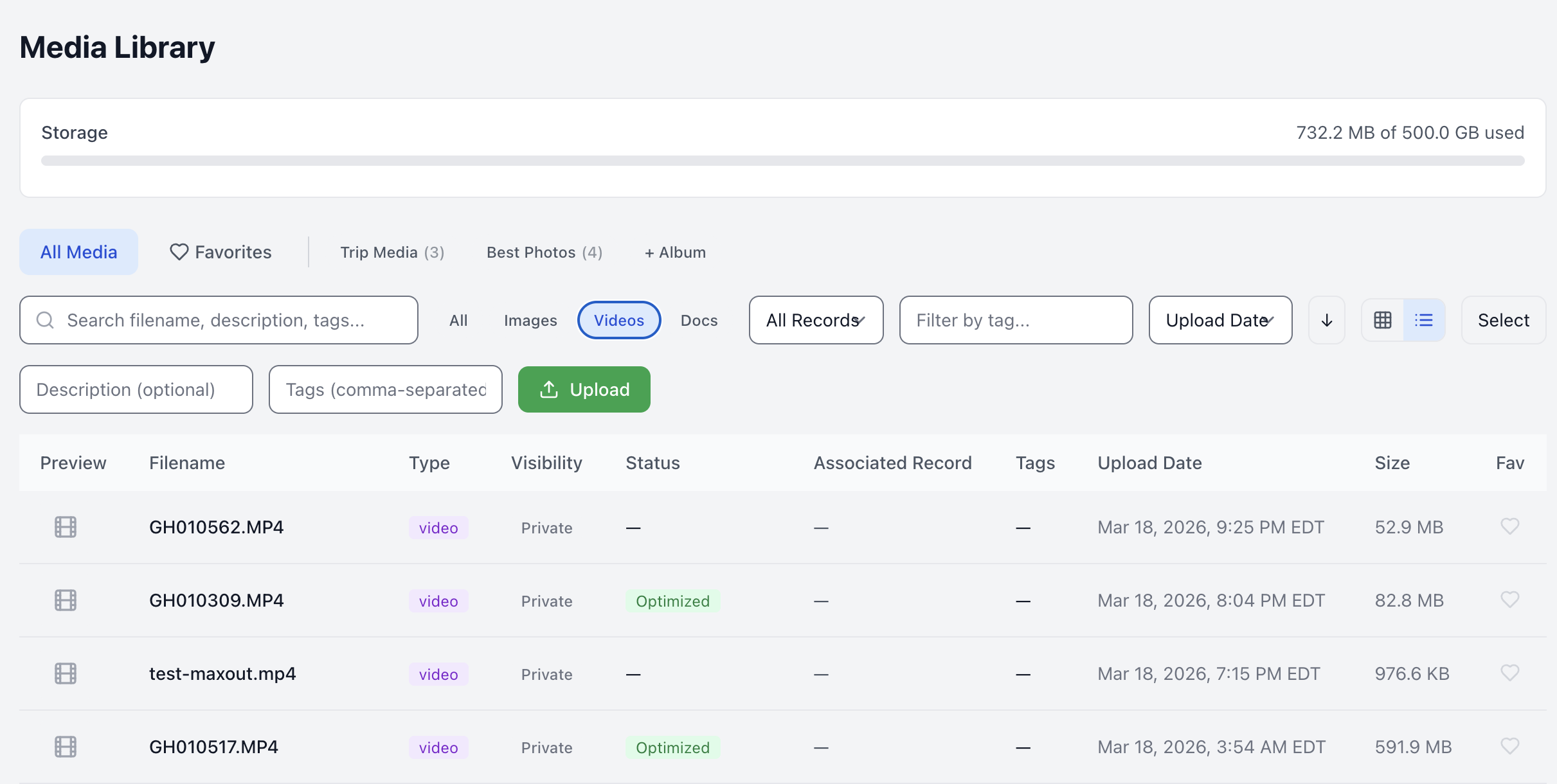 Media library showing horse photos and video thumbnails