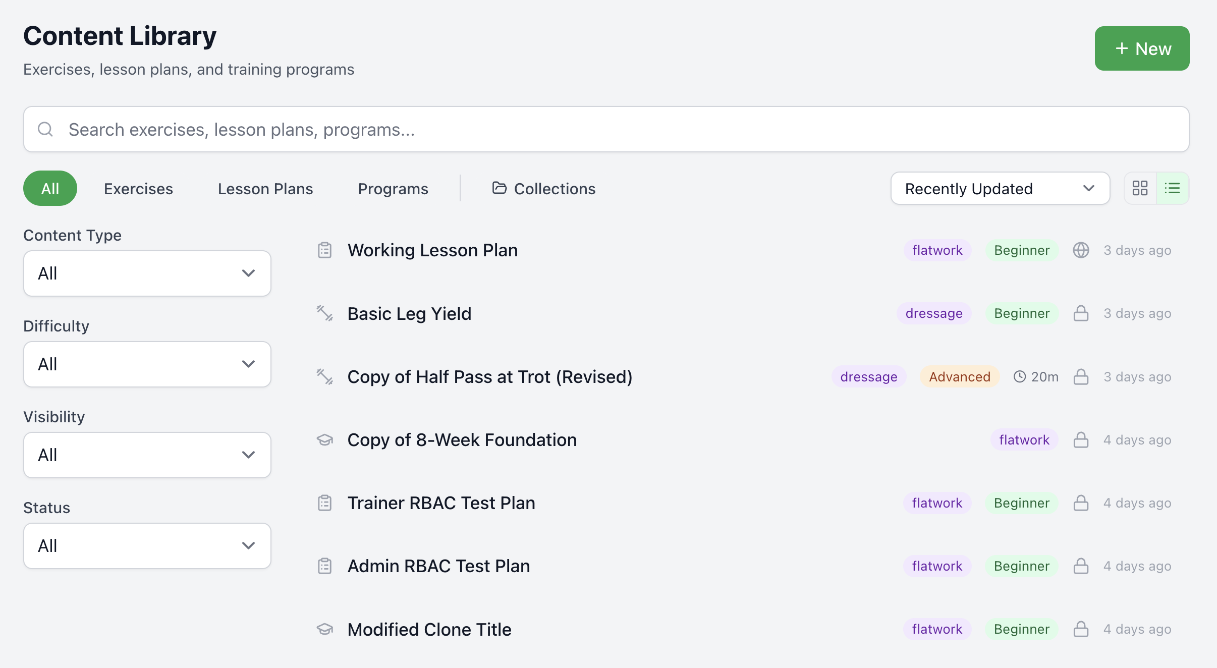 Training plan builder with exercise list and schedule
